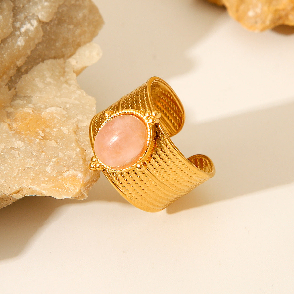 Vintage Geometric Stainless Steel Open Ring for Women with Electroplated Finish and Natural Stone Inlay