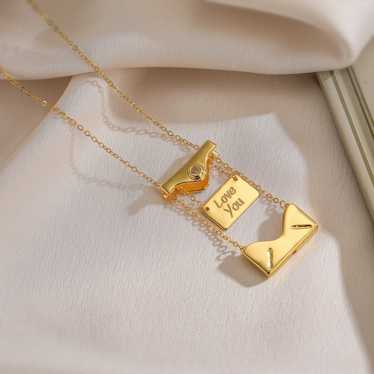Minimalist Geometric Envelope Pendant Necklace for Women with Copper Base and Real Gold Plating Adjustable Locket Chain