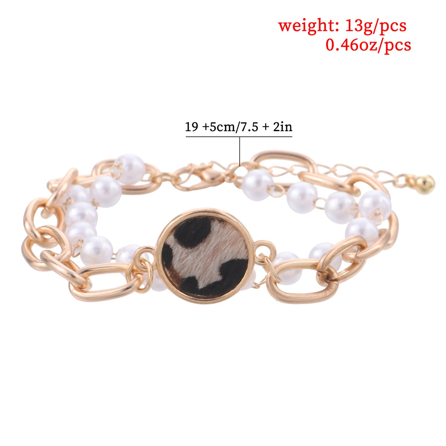 Geometric Leopard Print Round Disc Bracelet for Women with Alloy Base and Electroplated Finish Featuring White Pearl and Bamboo-Joint Chain