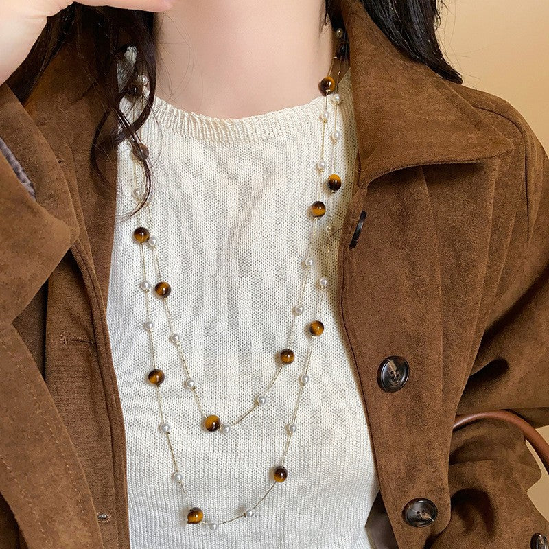 Collana pendente occhio di tigre in stile retrò con design geometrico da donna, catena a maglie color oro, accessorio minimalista di lusso