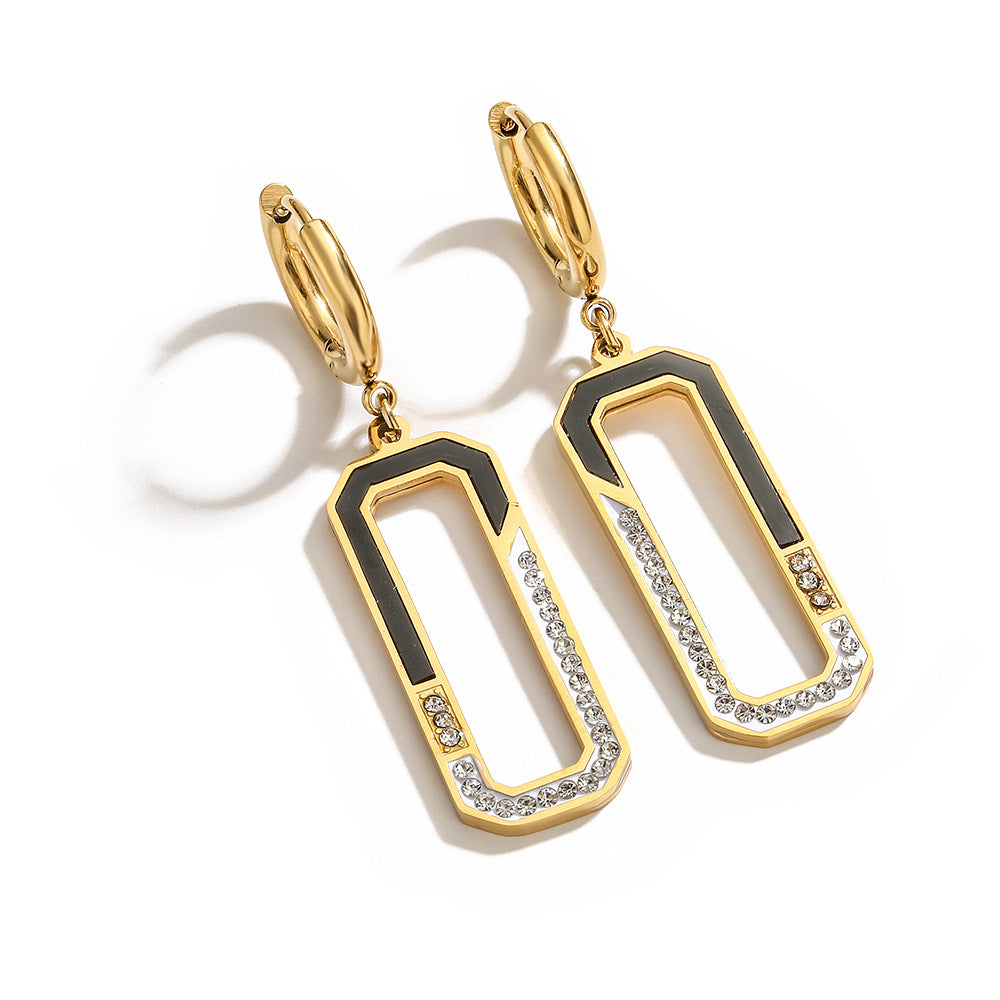 Minimalist Geometric Titanium Steel Earrings with Rhinestone Inlay for Women