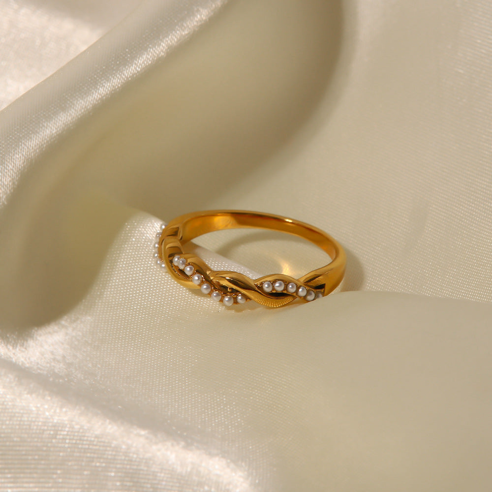 Anello Minimalista Geometrico in Acciaio al Titanio con Intarsio di Perle per Donna Anello a Fascia Intrecciata Annodata di Tendenza