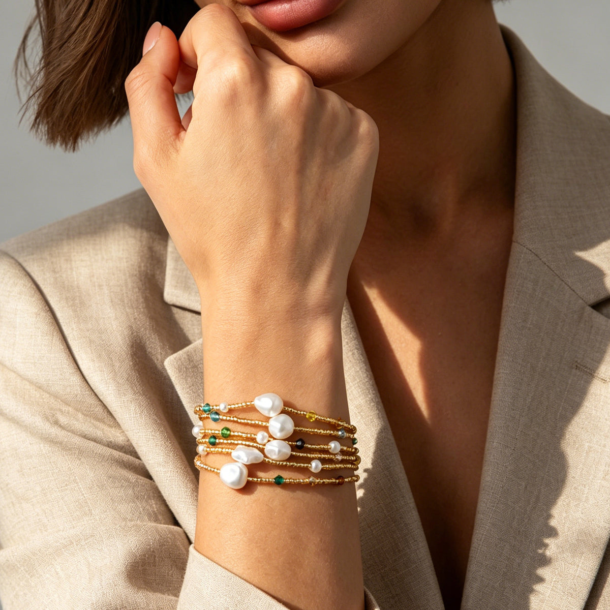 Geometric Round Imitation Pearl Crystal Plated Bracelet for Women Casual Elegant Stackable Jewelry