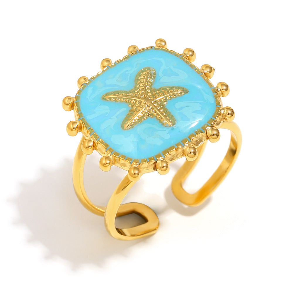 Anello da donna in acciaio inossidabile con placcatura in oro 18 carati e design a stella in smalto, ispirato al vintage