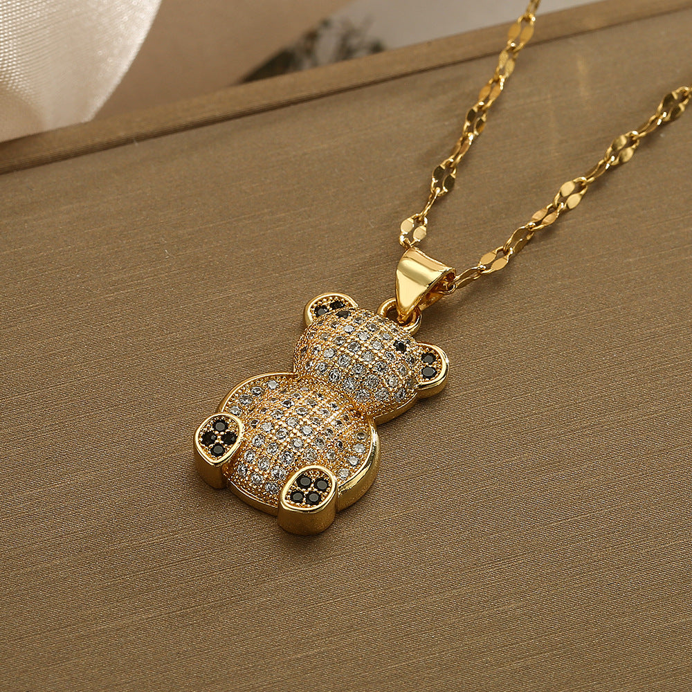 Collana con Ciondolo a Forma di Orsetto in Rame, Placcata Oro Vero e Intarsiata con Zirconi, Stile Minimalista, per Donna, Catena Clavicola