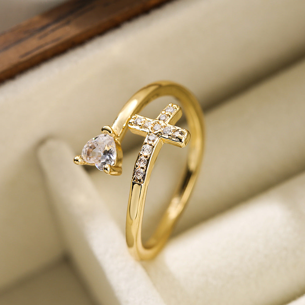Minimalist 18K Gold Plated Brass Micro-inlay Cubic Zirconia Heart Cross Geometric Open Ring for Women
