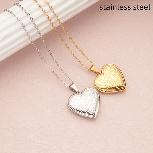 Collana Portafoto Apribile a Cuore Floreale Inciso in Acciaio Inossidabile con Placcatura in Oro