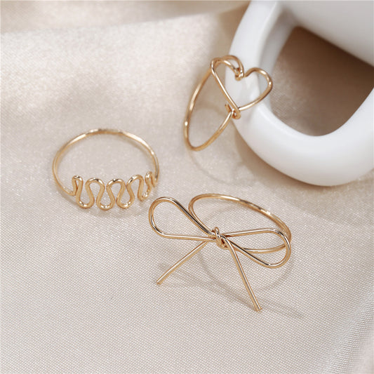 Minimalist Sweet Heart Knot Geometric Plated Alloy Ring Set for Women