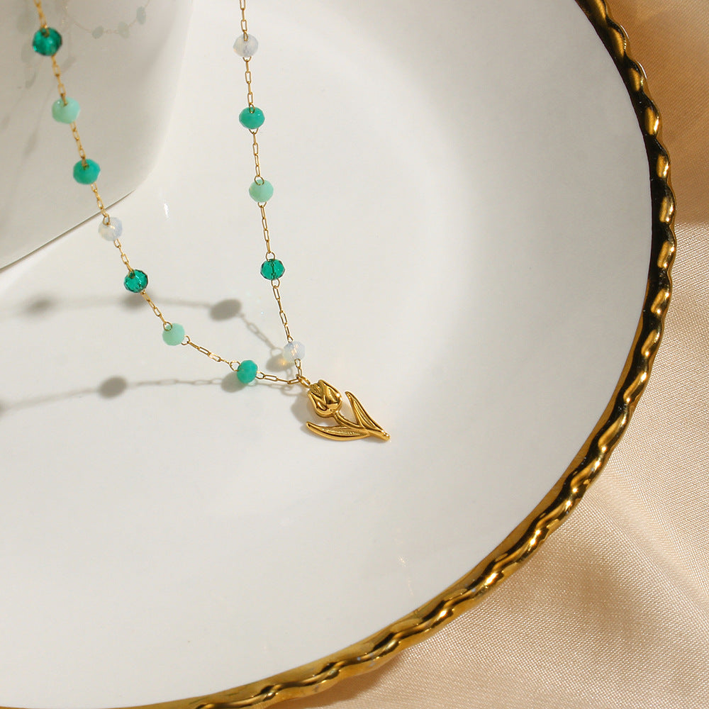 Minimalist Tulip Pendant Necklace in Stainless Steel with Colorful Beads and Electroplated Finish for Women