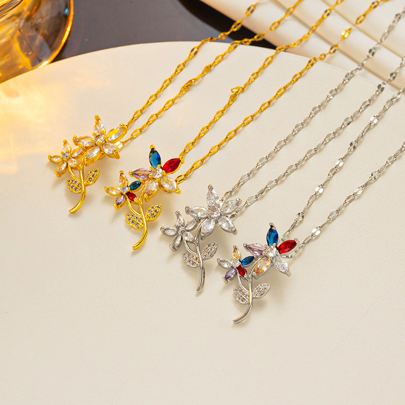 Vintage Floral Blossom Pendant Necklace for Women Made of Titanium Steel with Rhinestone Inlay and Polished Waterwave Chain