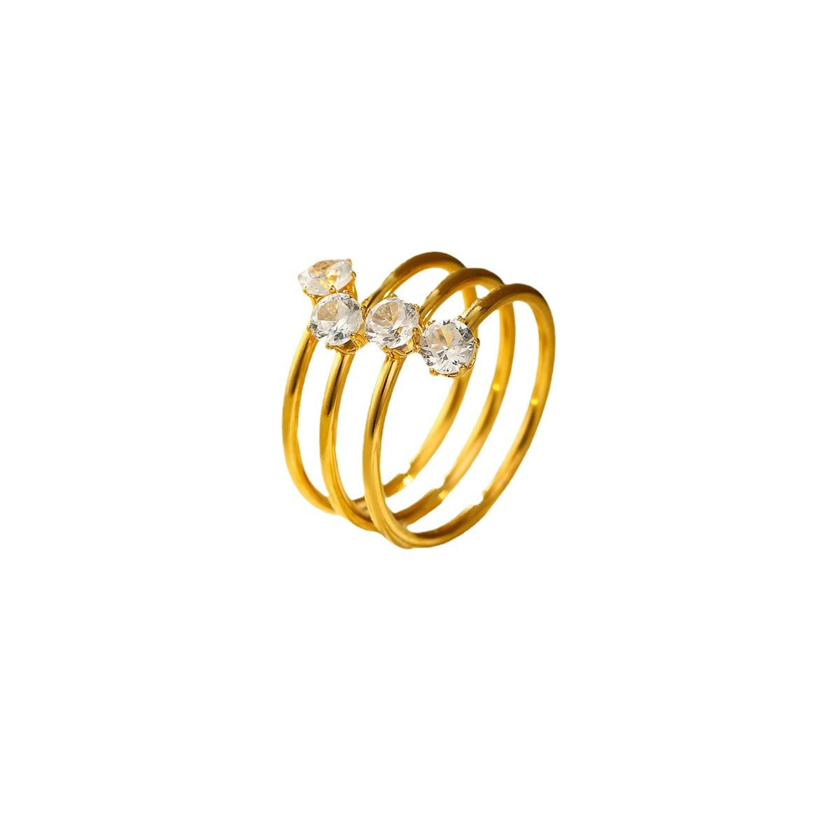 Minimalist Geometric Three-Layer Open Ring with Four Round Cubic Zirconia Stones Plated in 18K Gold Stainless Steel Women's Fashion Jewelry