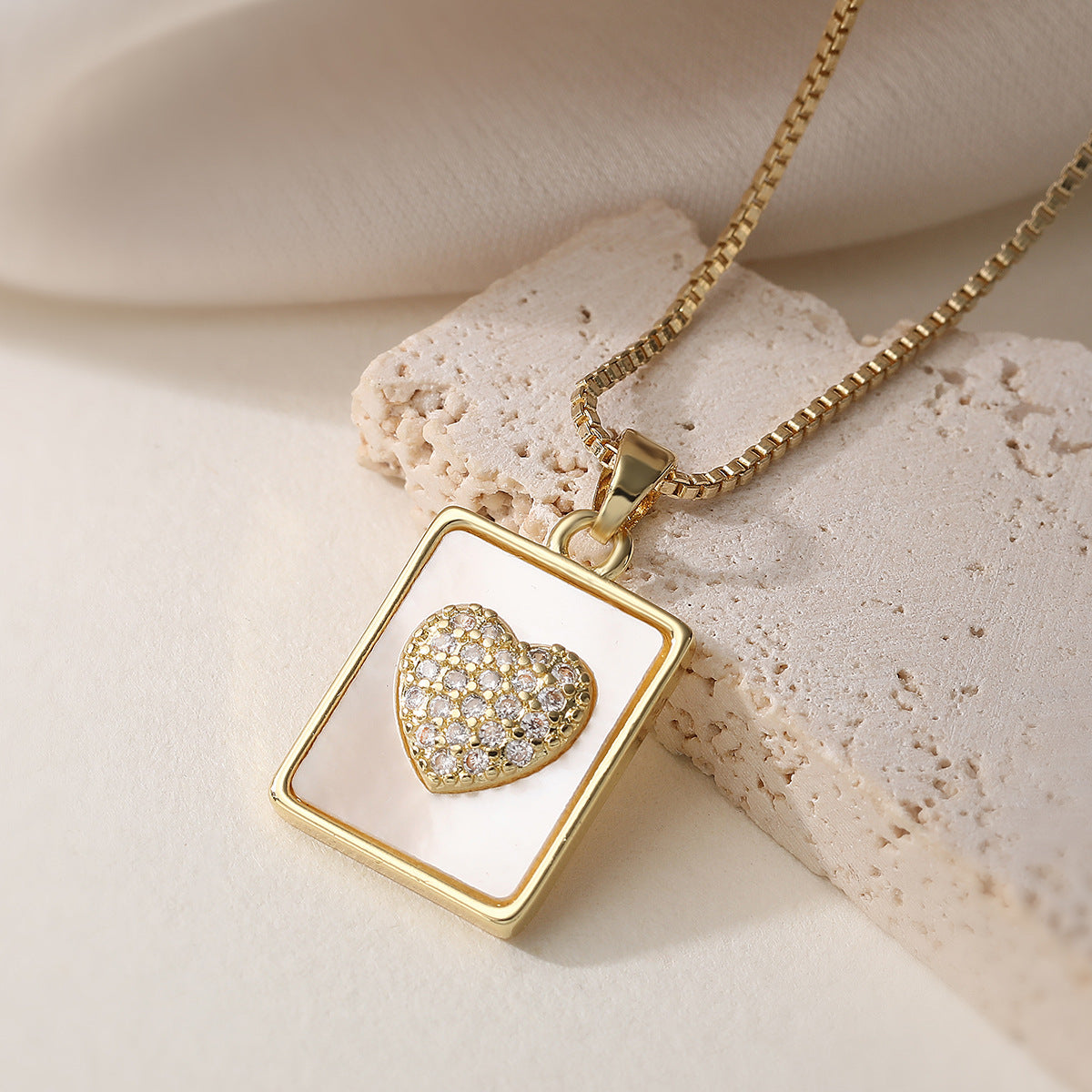 Minimalist 18K Gold Plated Brass Heart Cross Square Cubic Zirconia Pendant Necklace for Women