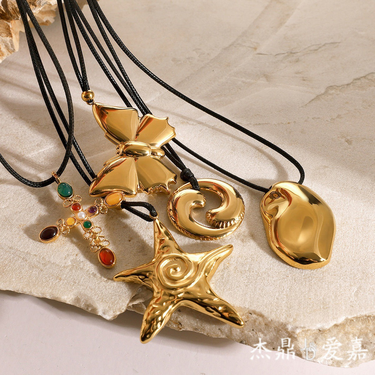 Minimalist 18K Gold Plated Stainless Steel Starfish Bow Pendant Necklace with Black Wax Cord for Women