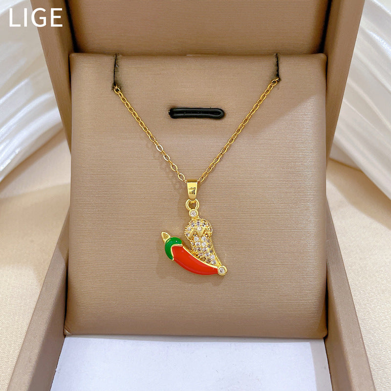 Sweet Elegant Geometric Vegetable Chili Drip Oil Rhinestone Pendant Necklace Titanium Steel Cable Chain for Unisex