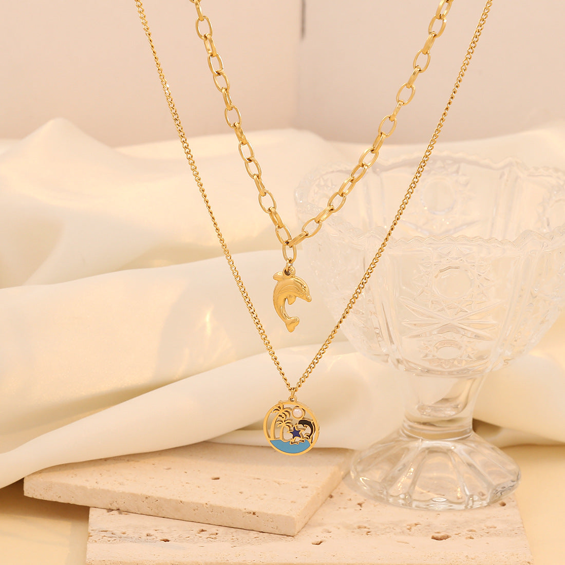 Fashionable Dolphin Pendant Necklace in Stainless Steel with Plated Finish for Women, Double Layer Snake Chain Design
