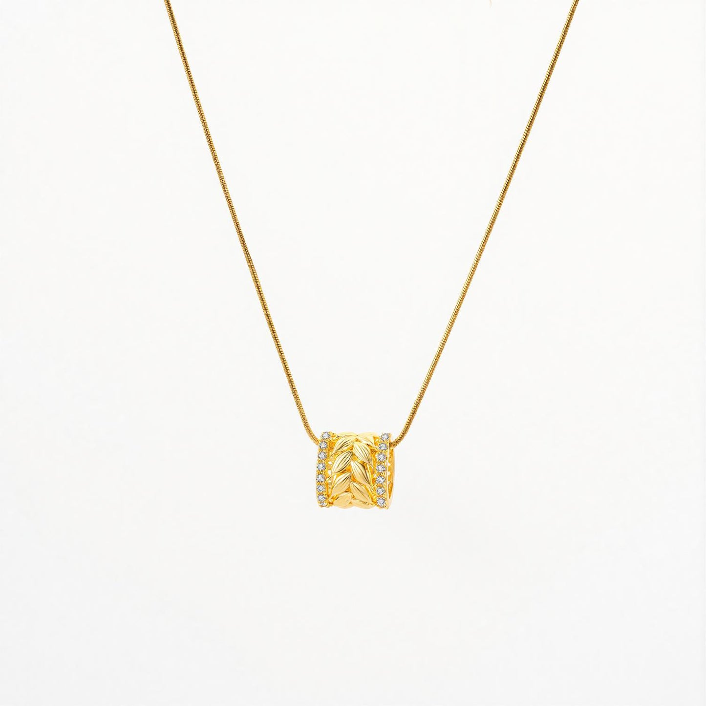 Light Luxury 18K Gold Plated Copper and Zircon Wheat Ear Geometric Pendant Necklace with Snake Chain for Women