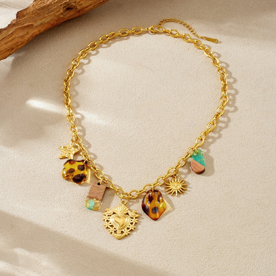 Vintage Gold Plated Heart Flower Sun Leopard Print Acrylic Stainless Steel Necklace