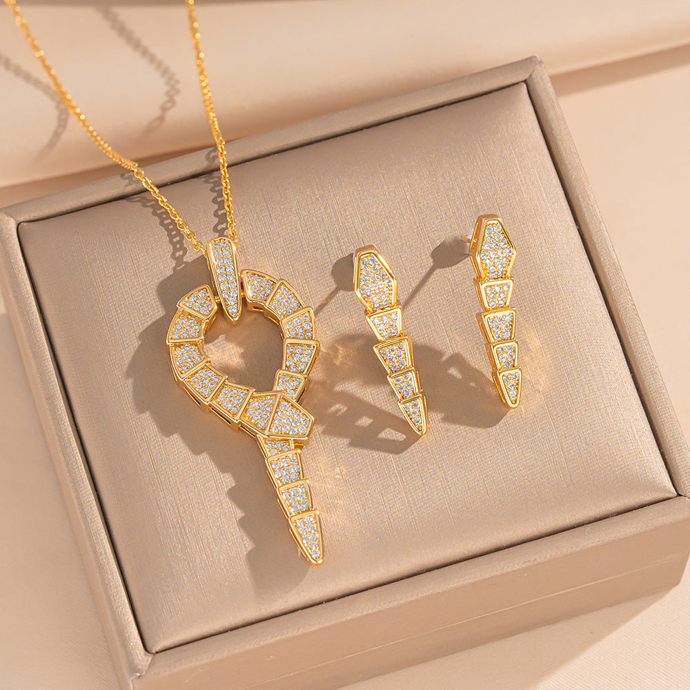 Luxury Minimalist Snake-Shaped Titanium Steel Necklace with Micro-Paved Cubic Zirconia Pendant and Matching Earrings Set