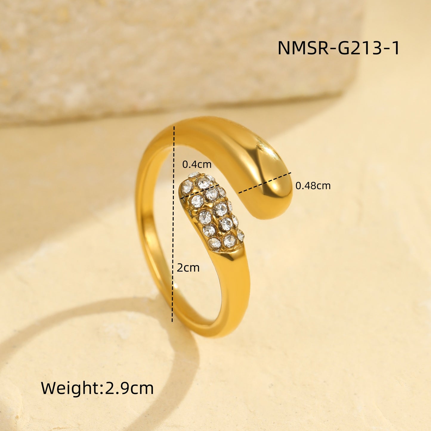 Anillo minimalista de lujo de acero de titanio con circonita, gota y banda abierta en forma de corazón para mujer