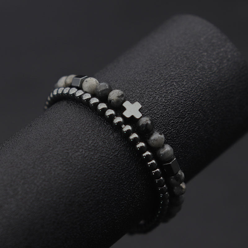 Fashion Unisex Brass Beaded Bracelet Set with Hematite Cross, Natural Lava Stone and Tiger Eye Geometric Charms
