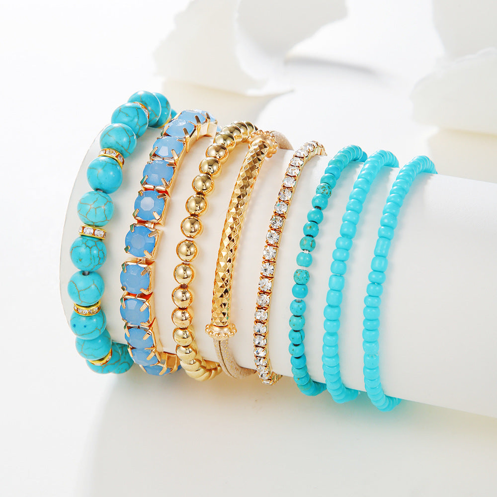 Bohemian Vintage Geometric Round Brass Bracelet Set with Turquoise and Rhinestone Beads