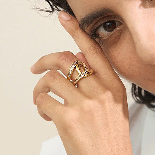 Anillo de lujo geométrico de diamantes de imitación de acero inoxidable chapado en oro de 18 quilates para mujer, joyería de moda