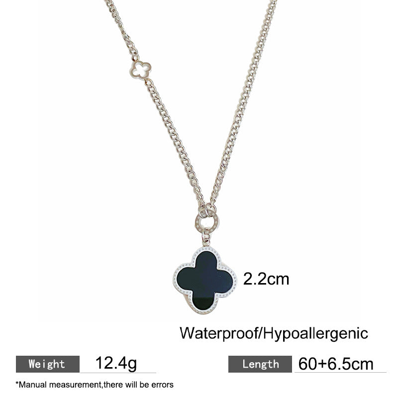 Layered Black and White Double-Sided Micro-Pave Shell Four-Leaf Clover Geometric Titanium Steel Long Necklace for Unisex