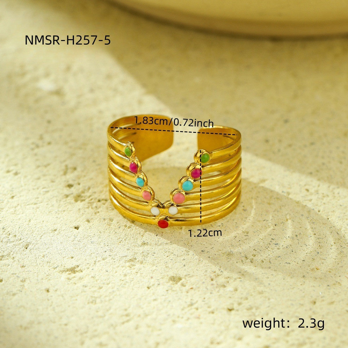Anello aperto da donna placcato oro 18 carati in acciaio inossidabile con smalto colorato e motivo geometrico leggero
