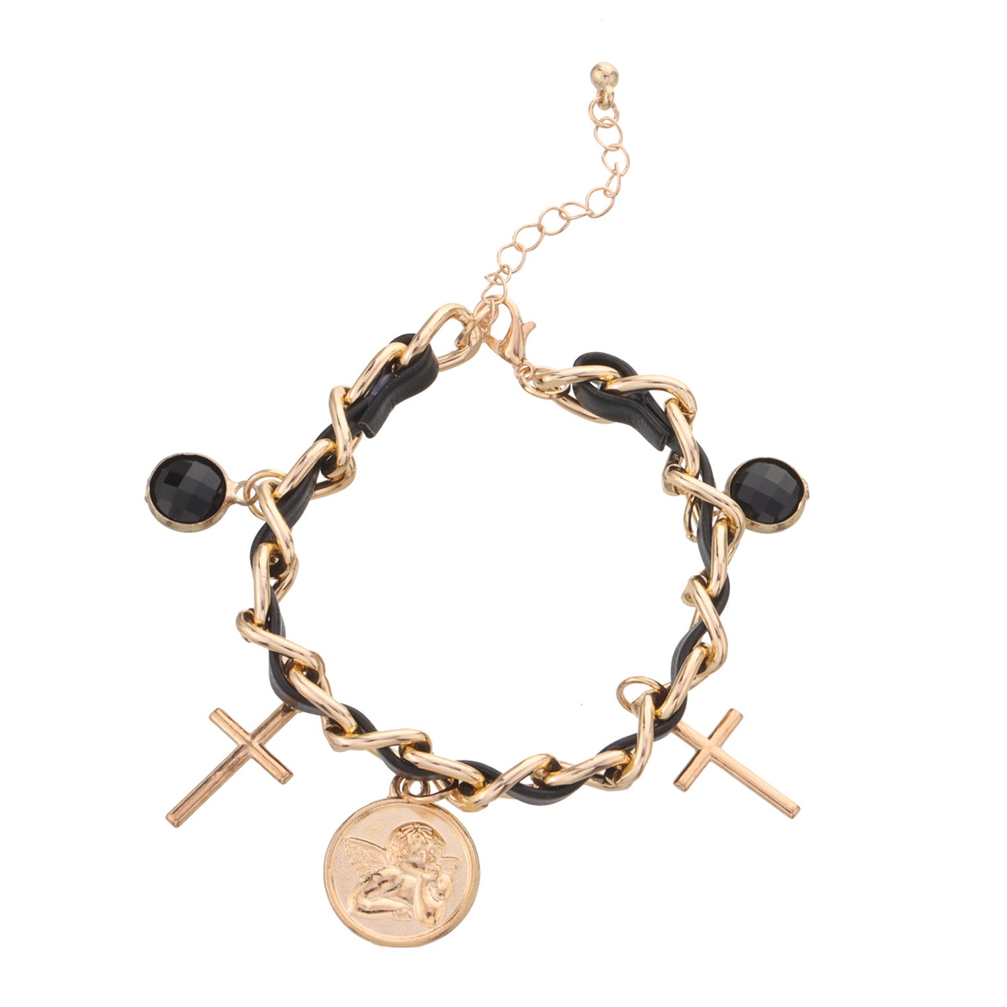 Minimalist Cross Pendant Leather Bracelet for Women with Alloy Chain and Electroplated Finish