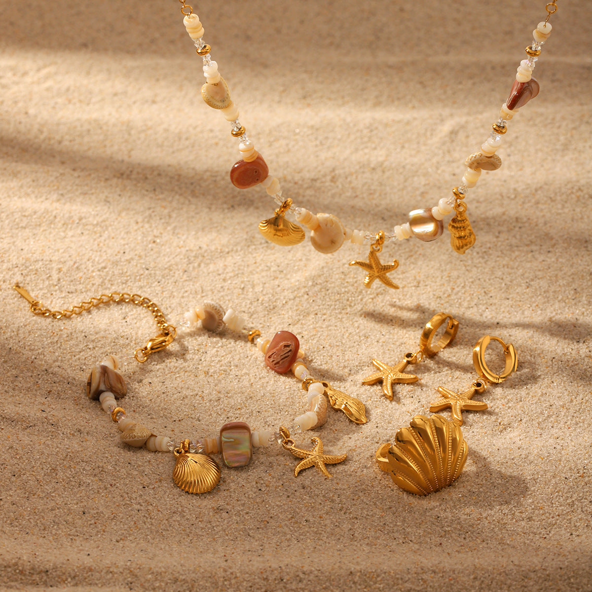 Ocean-Inspired Seashell and Starfish Pendant Necklace Set in Titanium Steel with Electroplated Stainless Steel Chain for Women