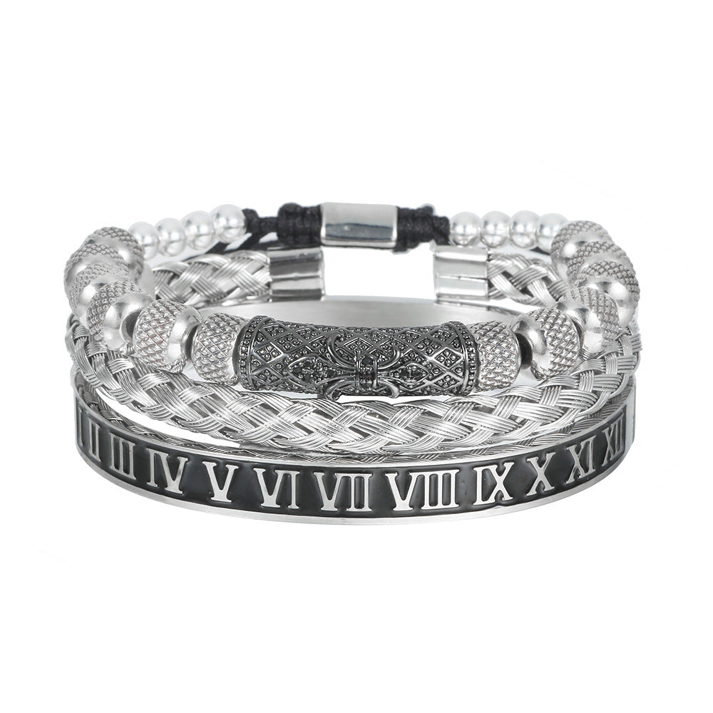 Vintage Geometric Letter Woven Stainless Steel Bracelet with Cubic Zirconia and Drip Oil