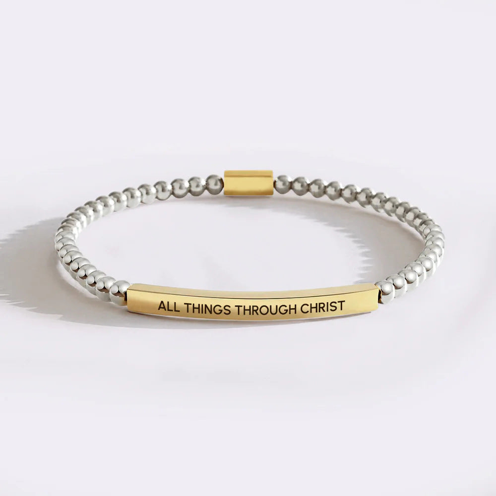 Minimalist Stainless Steel Bracelet with Black Matte Beads Blue Turquoise and Laser Engraved Gold Tube Charms Unisex Geometric Letter Jewelry