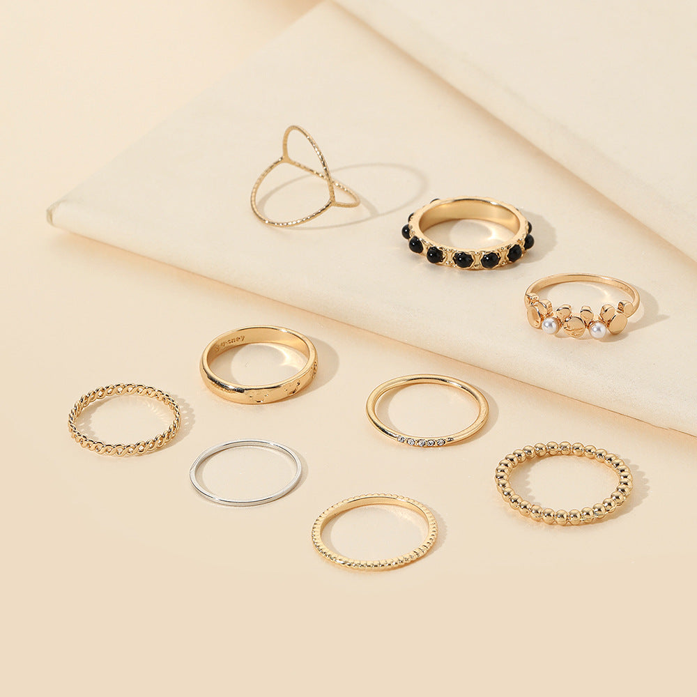 Minimalist Casual Geometric Round Alloy Plated Ring Set with Pearl Inlay