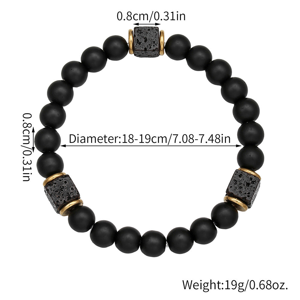 Men's Matte Black Obsidian and Volcanic Stone Beaded Bracelet Square Round Geometric Unisex Jewelry
