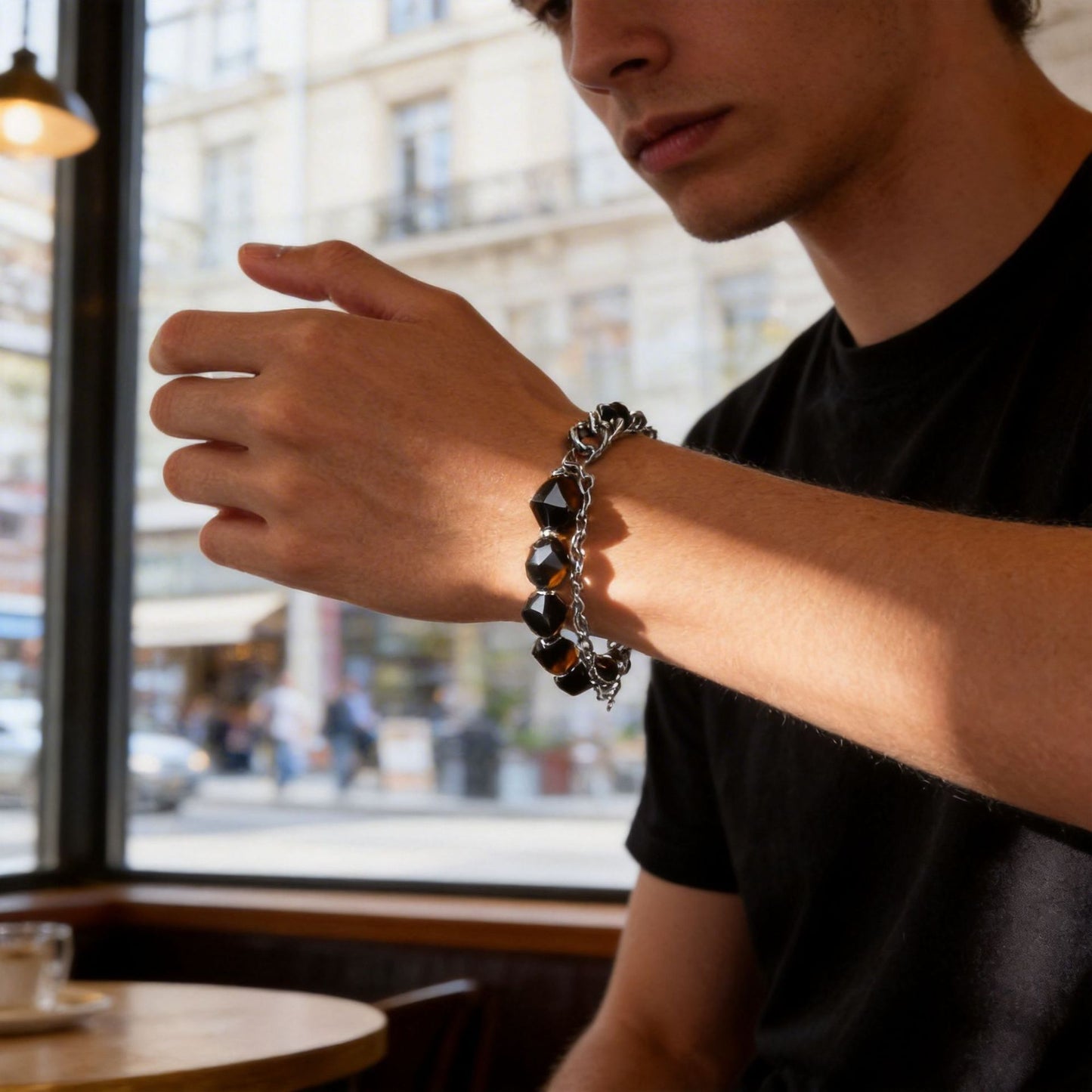 Geometric Double-Layer Faceted Tiger's Eye Stainless Steel Cuban Link Chain Bracelet for Men and Women