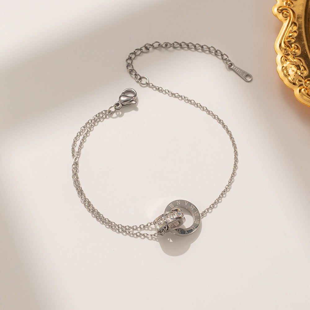 Minimalist Geometric Titanium Steel Bracelet with Rhinestone-Set Roman Numerals and 18K Rose Gold Plating for Women
