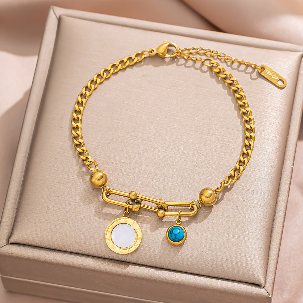 Geometric Stainless Steel Plated 18K Gold Butterfly-Shaped Bracelet with Turquoise Inlay and Horseshoe Clasp