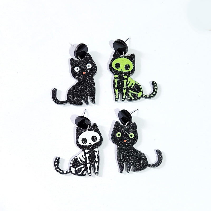 Pendientes de gato con temática de Halloween con ojos verdes y diseño de hueso Tachuelas acrílicas