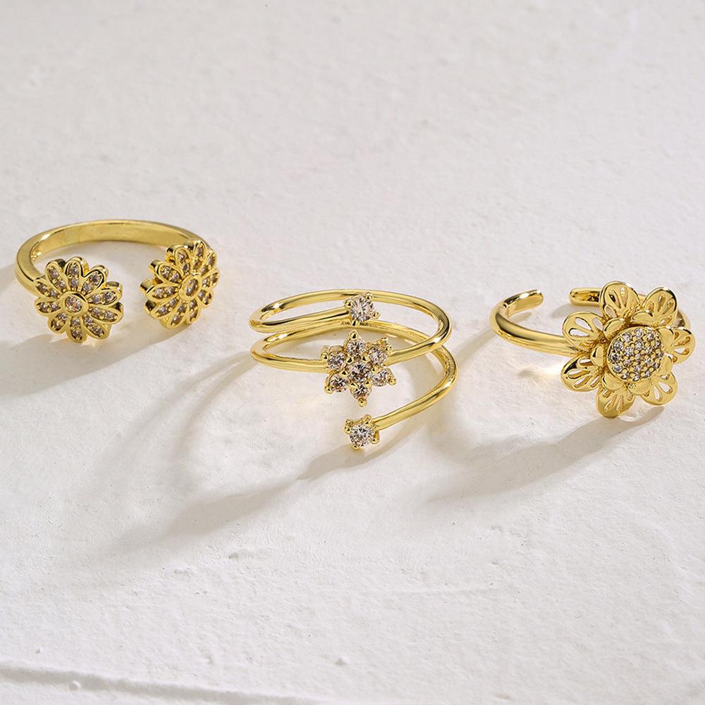 Anello aperto da donna a fiore geometrico minimalista in rame con zirconi micro-pavé