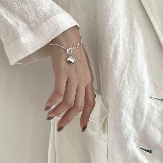 Handmade Heart-Shaped S925 Sterling Silver Bracelet with Shimmering Finish, Minimalist and Sweet Style
