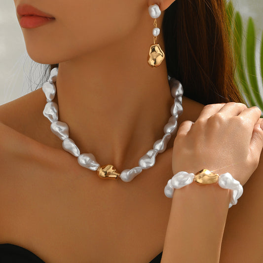Conjunto de collar de perlas barrocas vintage con diseño geométrico para mujer, incluye gargantilla, pulsera y pendientes