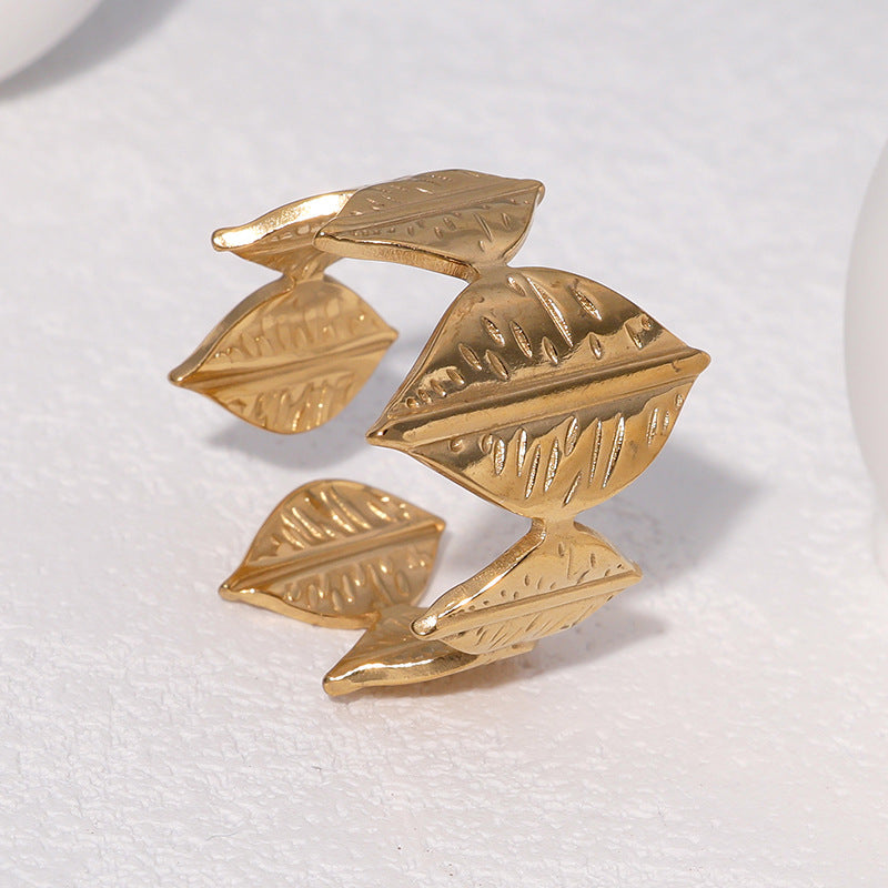 Minimalist Leaf-Shaped Stainless Steel Adjustable Open Ring for Women with Gold Plating