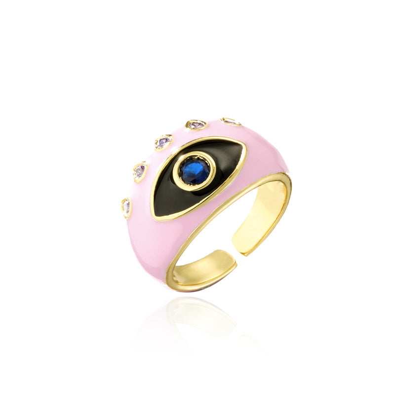 Fashion Geometric Drip Oil Gold Plated Brass Ring with Eye Design for Women