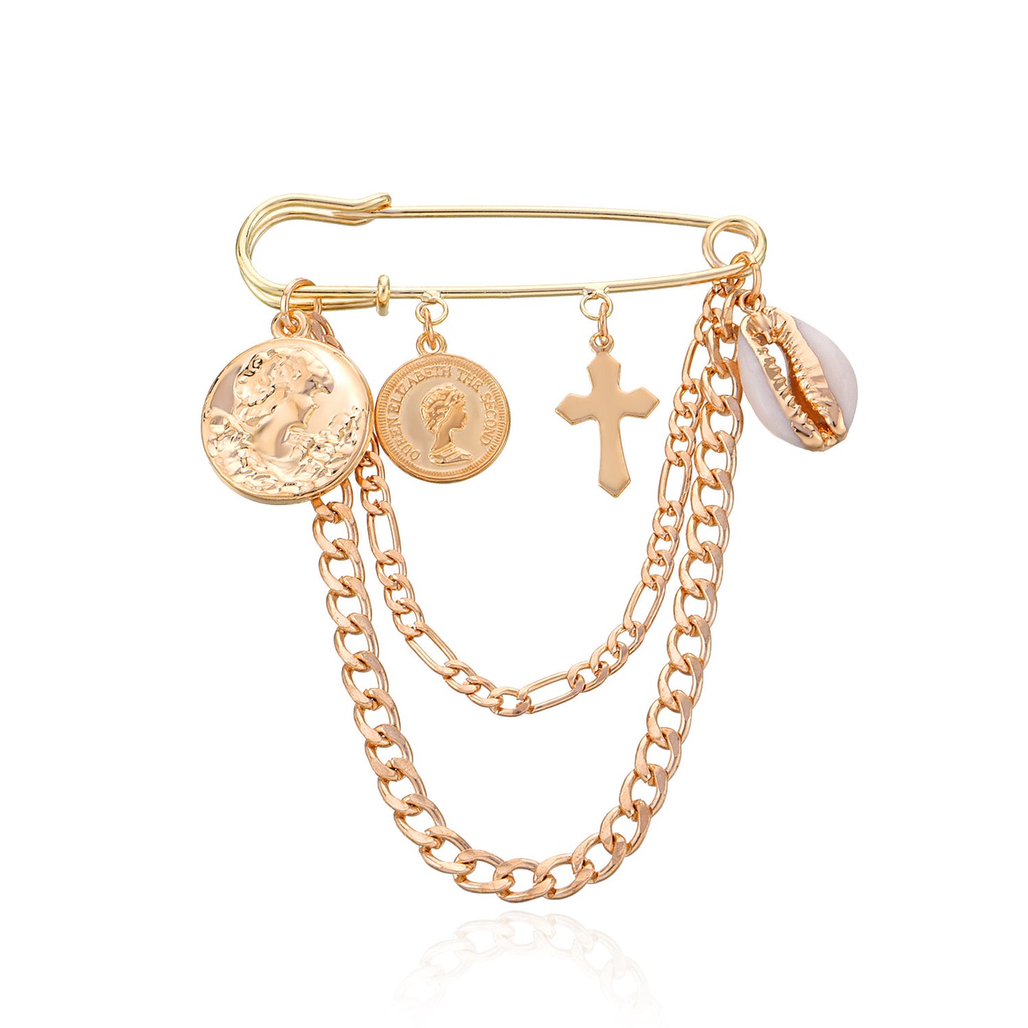 Vintage Alloy Portrait Cartoon Character Brooch with Beach Chain for Women