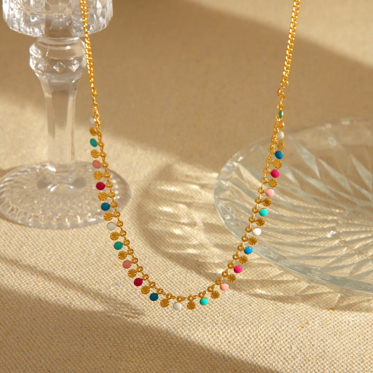 Minimalist Geometric Stainless Steel Clavicle Necklace with Enamel Accents and Tassel Pendant for Women