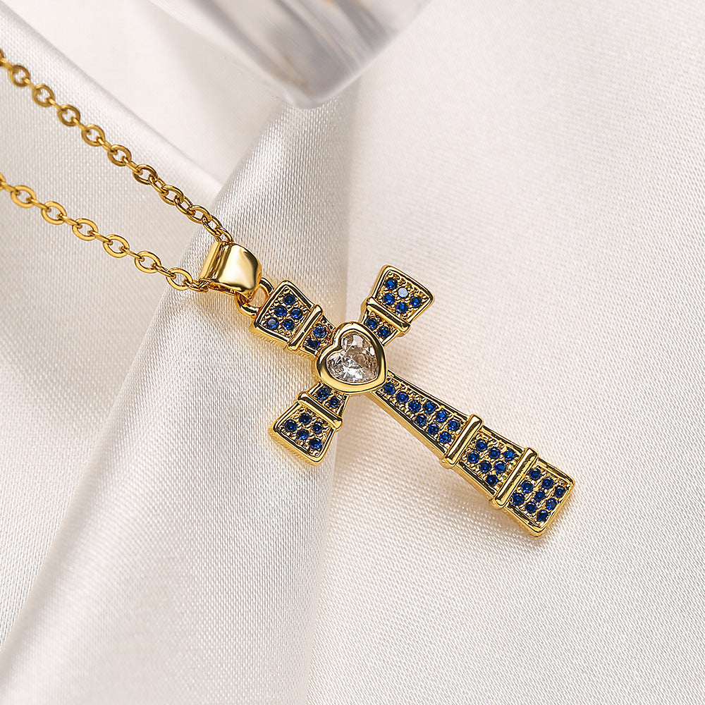 Geometric Cross Pendant Necklace for Women Made of Copper with 18K Gold Plating and Zircon Inlay