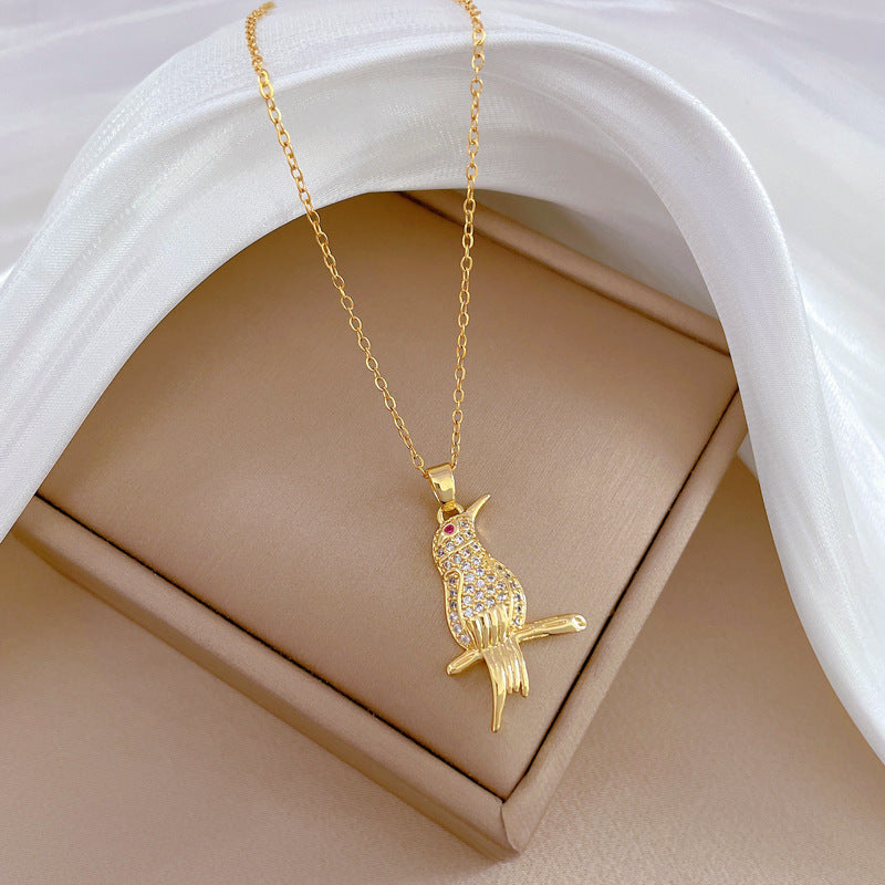 Minimalist Bird Pendant Necklace in Titanium Steel with Full Rhinestone Inlay for Women and Men