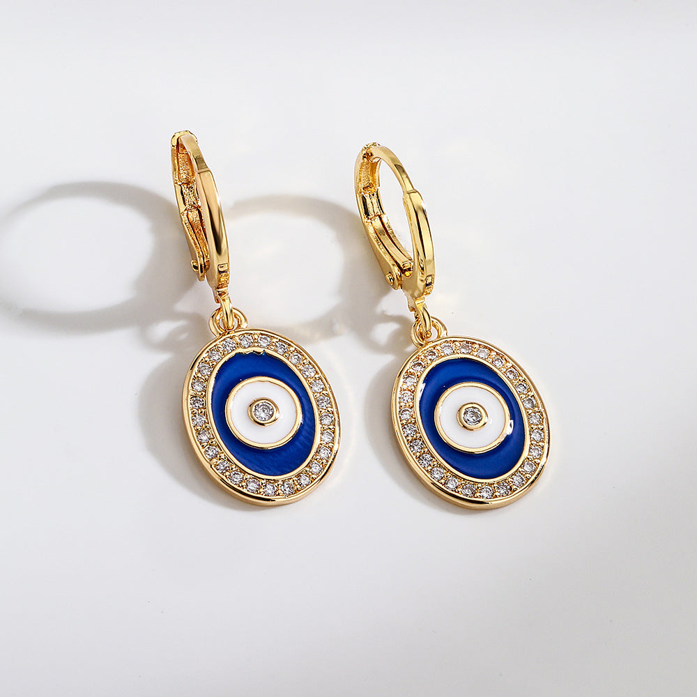Fashionable Geometric Evil Eye Earrings for Women with Copper Base Plated in Real Gold and Zircon Inlay
