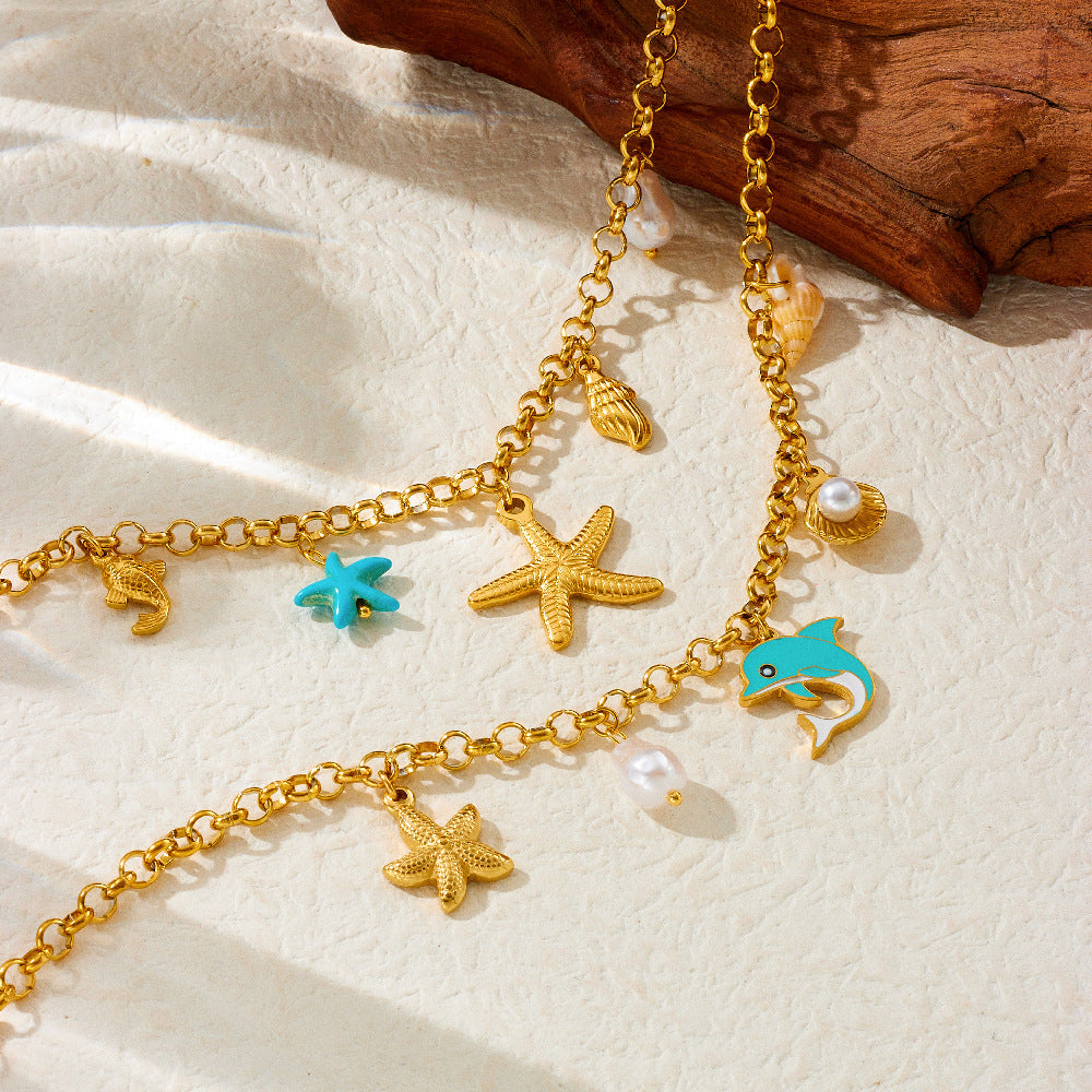 Personality Drip Oil Stainless Steel Dolphin Starfish Pearl Shell Necklace with Thick Chain for Women