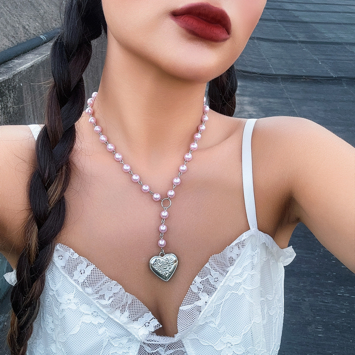 Sweet Casual Heart Resin Pendant Plated Alloy Ball Chain Necklace for Women